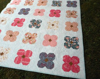 Large Floral Quilted Lap Blanket: Peach Teal Flower Patchwork