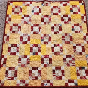 Red Yellow Gold Square Quilt, Table topper runner quilted, patriotic Americana county patchwork, dining kitchen decor, fall autumn seasonal