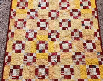 Patchwork Table Topper Quilt, Americana Style, Red Yellow Gold