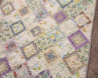 Pastel Floral Fabric Lap Quilt, Repurposed Vintage Linens