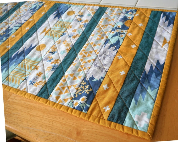 Turquoise Yellow Quilted Table Runner Handmade Patchwork Etsy