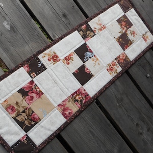 Floral Quilted Table Runner: Brown Peach Patchwork, Farmhouse Decor