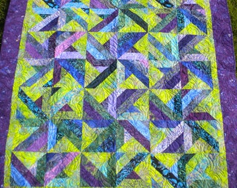 Handmade Batik Quilt, Purple Green Pinwheel Design, Lap Blanket (60x67)