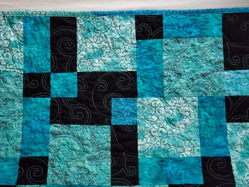 Turquoise Black Quilt, Quilted Blue Green Lap Throw, Handmade Patchwork