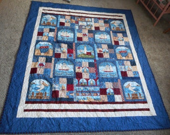Nautical Tall Ships Quilt, Americana Lap Throw Blanket (60.5x71.5)