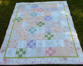 Cottage Floral Patchwork Quilt, Pastel Roses, Shabby Chic Lap Throw