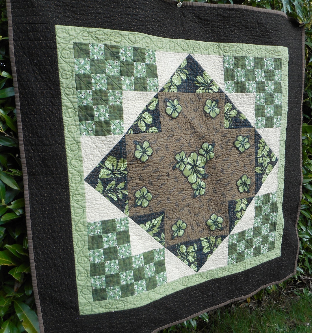 Green Brown Cream Quilted Wall Hanging, Botanical Fiber Art Quilt ...