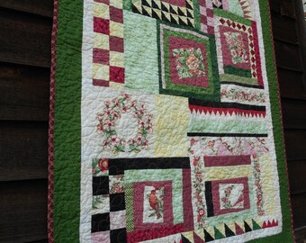 Floral Quilted Throw Blanket: Pink Green Jacobean Bird Patchwork