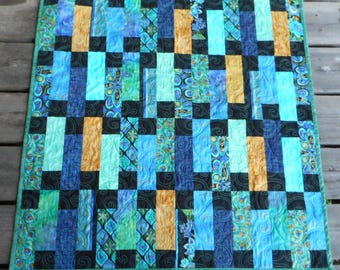 Peacock Feather Quilted Table Topper: Black, Turquoise & Gold Patchwork