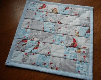 Winter red bird cardinal Mini Quilt square, Quilted Candle Mat, Christmas holiday decor, Table Topper centerpiece patchwork, silver blue