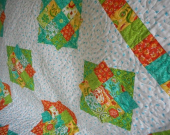Patchwork Lap Quilt, Turquoise Lime Orange, Floral Scrappy Binding
