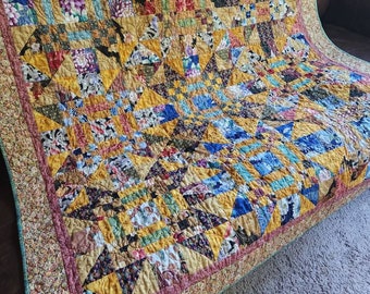 Handmade Oriental Patchwork Quilt, Asian Metallic Gold Throw Blanket