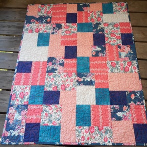 Floral Patchwork Baby Quilt: Coral, Blue, & Pink - Art Gallery Fabrics