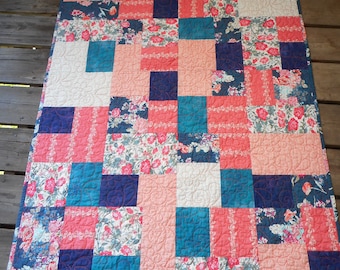 Floral Patchwork Baby Quilt: Coral, Blue, & Pink - Art Gallery Fabrics