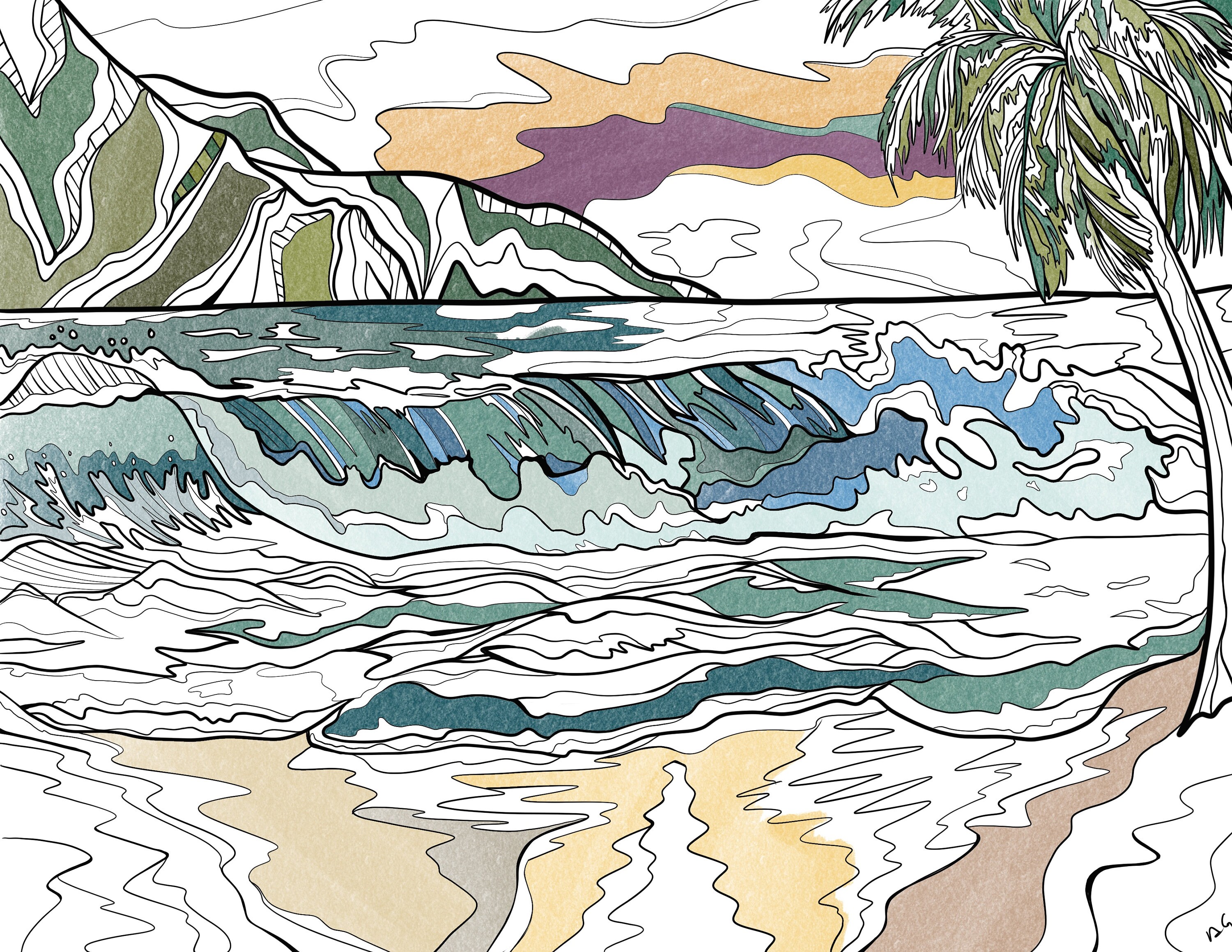 Coloring Pages / Coloring Art / Land and Sea / Adult Coloring Book - Etsy