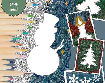 Op de afbeelding: Een kleurplaat met een omtrek van een sneeuwpop, omgeven door een blauw-groene patroonrand. De woorden "Color your own!" staan in een groene cirkel. Gekleurde potloden zijn aan de linkerkant gerangschikt en er staan verschillende kerstkleurplaten op de achtergrond.