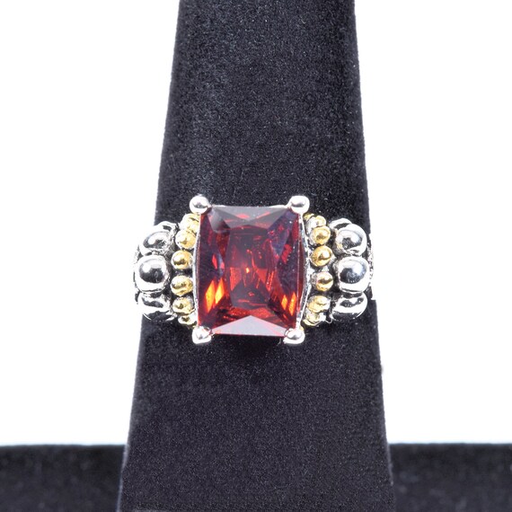 Silver & Gold Tone Ring with Rectangular Red Ston… - image 1