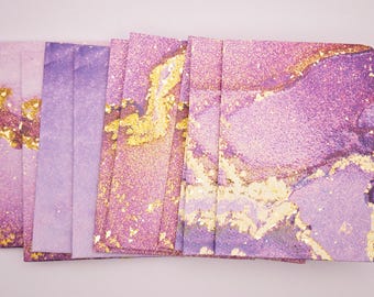 Juego de 10 sobres de mármol morado y dorado para tarjetas de regalo y dinero en efectivo.
