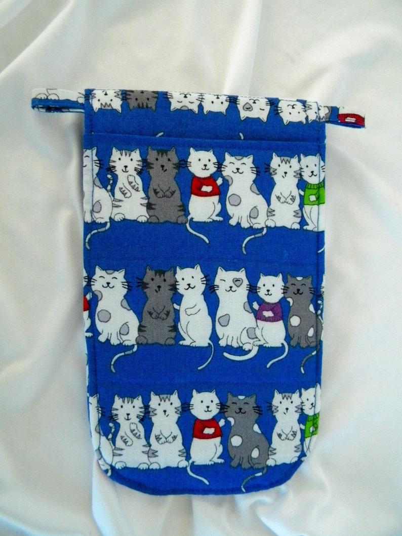 Hand Made Kitties All In A Row Blue Padded Smart Phone Tote Over the Shoulder Bag 50 Inch Strap 2 Pockets Small Items Tote FREE US SHIPPING
