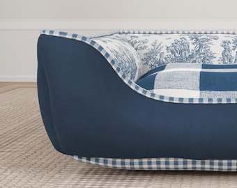 Navy Plaid Dog Bed with Supportive Bolsters, Farmhouse Country Style, Washable Removable Cover