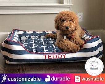 Luxury Dog Bed Cat Bed Removable Washable Cover Plush Blanket Nautical Anchors