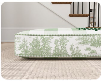 Sage Green Dog Bed Cushion with Supportive Fill Options, Buffalo Plaid and Toile, Washable Removable Cover with Zipper