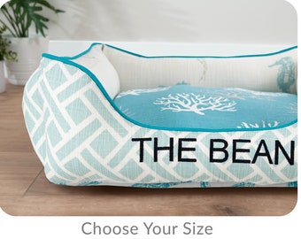 Coastal Dog Bed with Bolsters and Name Embroidery, Coral Reef & Sea Horse Fabrics, Small to Large Cozy Dog Sofa