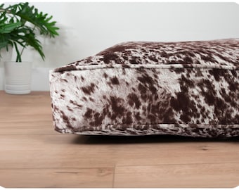 Custom Dog Bed with Performance Faux Cowhide, Modern Farmhouse Style, Washable Cover