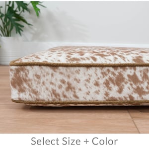 Cow Print Dog Bed Cushion with Durable Palomino Faux Cowhide, Washable Removable Cover, Sizes X-Small to X-Large