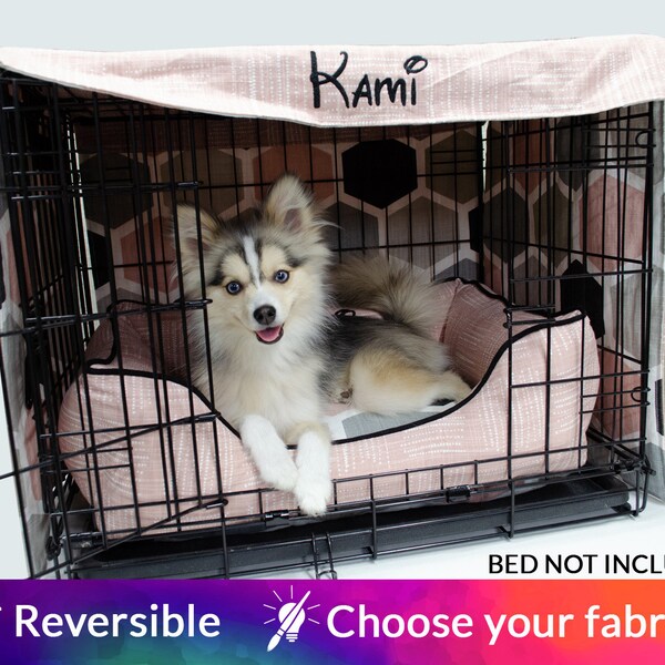 Personalised Dog Crate Cover | Choose 2 fabrics and embroidery | custom kennel cover, custom made to order