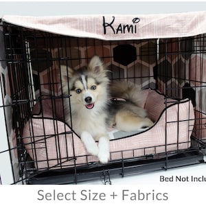 Personalised Dog Crate Cover | Choose 2 fabrics and embroidery | custom kennel cover, custom made to order