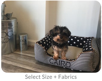 Personalized Dog Bed with Houndstooth, Small Dog Bed in Black, White and Browns, Designer Yorkie Bed, Durable, Washable, Removable Cover
