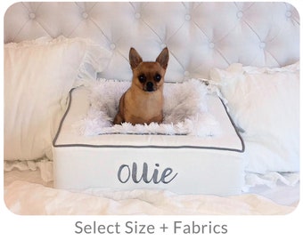 Luxury White Dog Bed, Small Personalized Pet Bed, Cute Faux Fur Chihuahua Bed, Washable Removable Cover