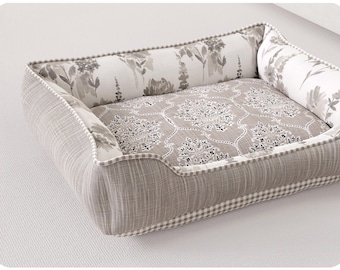 Beige Dog Bed with Floral Design Shabby Chic Design. Removable Washable Cover. Choose Size