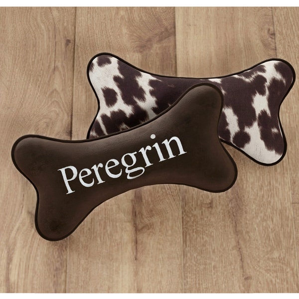 Faux Cowhide Dog Bone Pillow - Your Choice of Fabrics | Designer Pillow with Name Embroidery, Custom Pillow, Accent Pillow