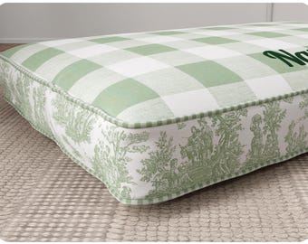 Green Toile Dog Bed Cushion, Personalized for Small to Large Dogs, Washable Removable Cover