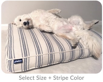 Ticking Dog Bed with Plush Fiberfill Insert, Grain Sack Striped Dog Bedding with Zipper, Feedsack Cushion, Small to X-Large