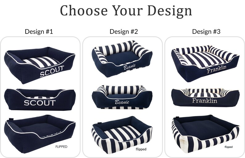 Personalized Dog Bed Nautical, Navy Blue Coastal Pet Bed, Washable Removable Cover in sizes small to x-large Bed Design #3