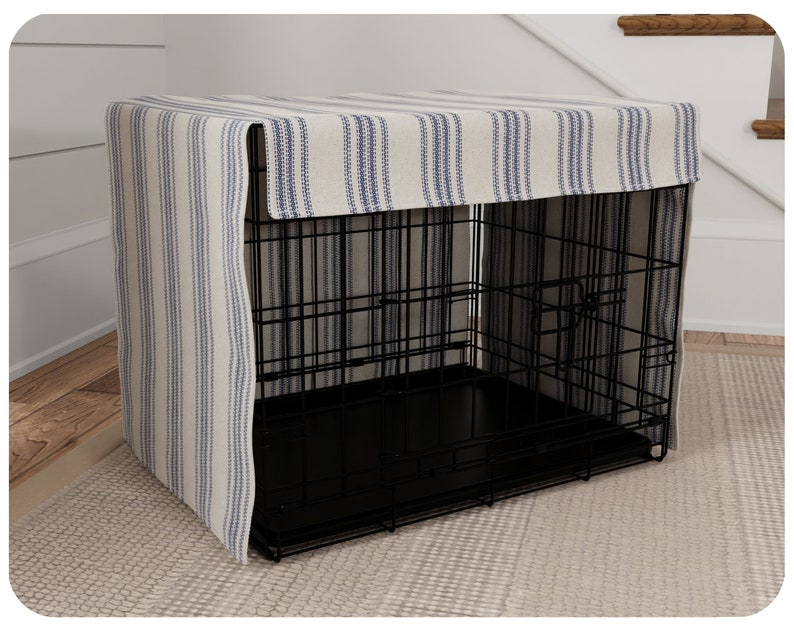 Farmhouse style dog crate cover with blue ticking stripe