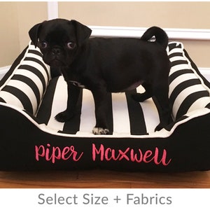 Black Pug looking cute in his new black white striped dog bed