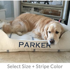 Grain Sack Bolster Dog Bed in Blue, Red or Tan Stripe - Reproduction Feed Sack, Modern Farmhouse, Personalized Bed