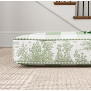 Green Toile Dog Bed Cushion, Personalized for Small to Large Dogs, Washable Removable Cover