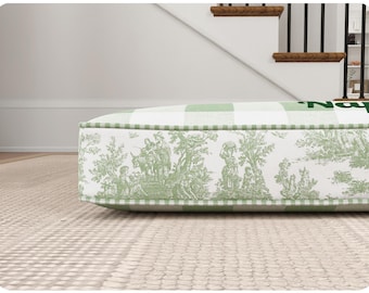 Green Toile Dog Bed Cushion, Personalized for Small to Large Dogs, Washable Removable Cover