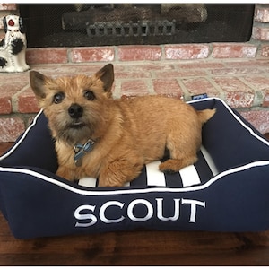 Nautical Dog Bed, Navy Blue Striped Bolster, Personalized Washable Cover | Hampton Cape Cod Style
