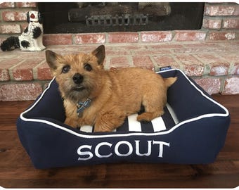 Nautical Dog Bed, Navy Blue Striped Bolster, Personalized Washable Cover | Hampton Cape Cod Style