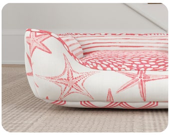 Beach House Dog Bed with Coral fabrics, Starfish Coastal Nautical Decor, Washable Removable Cover