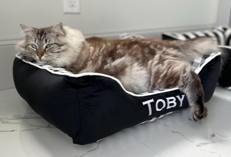 Toby the cat enjoying his comfy 22x22 cuddle bed