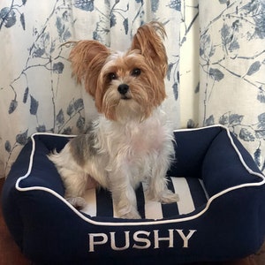 Personalized Dog Bed Nautical, Navy Blue Coastal Pet Bed, Washable Removable Cover in sizes small to x-large Bed Design #1