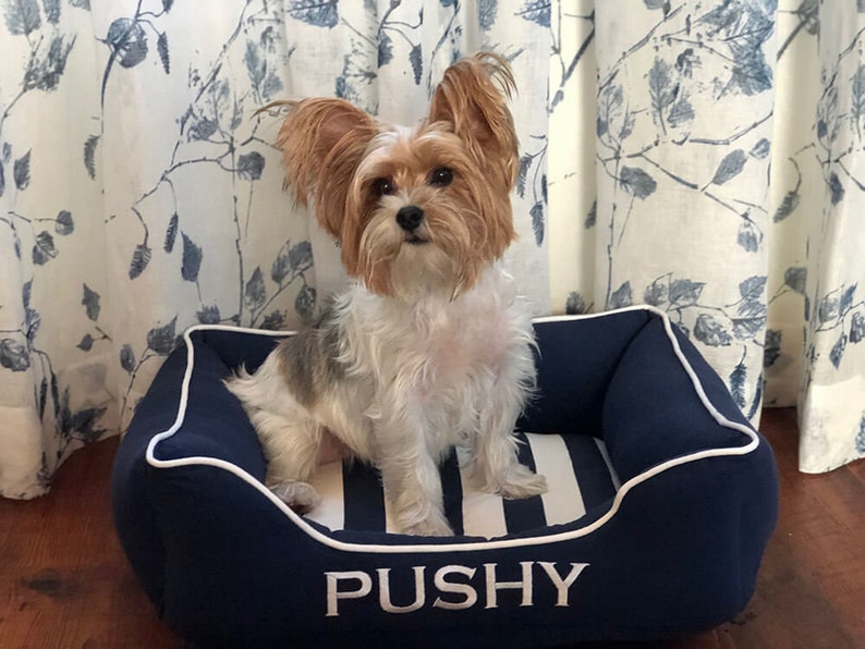 Personalized Dog Bed Nautical, Navy Blue Coastal Pet Bed, Washable Removable Cover in sizes small to x-large Bed Design #1