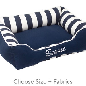 Personalized Dog Bed Nautical, Navy Blue Coastal Pet Bed, Washable Removable Cover in sizes small to x-large Bed Design #2